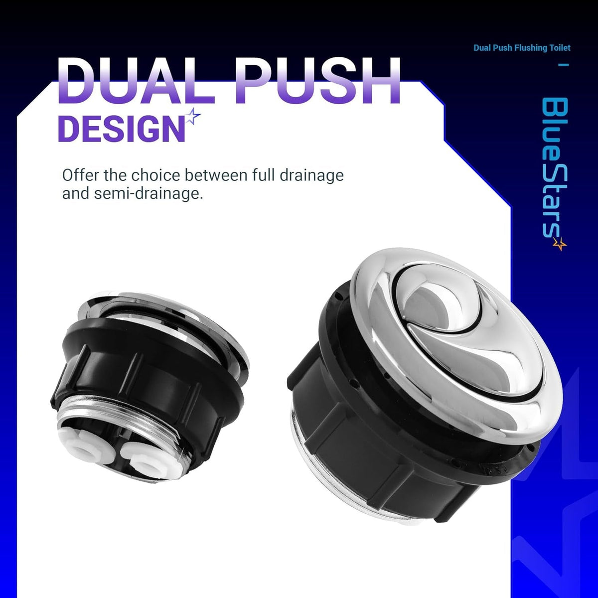 Two 38mm dual push toilet water tank buttons with chrome finish and black threaded base.