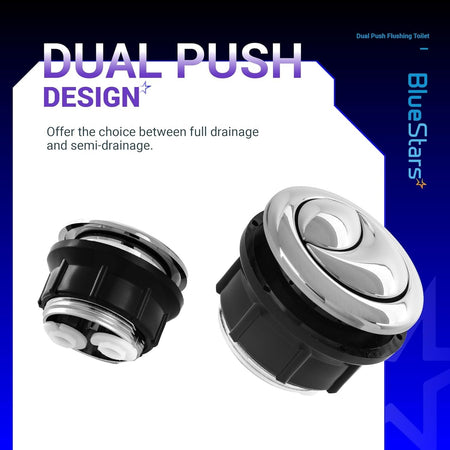 Two 38mm dual push toilet water tank buttons with chrome finish and black threaded base.