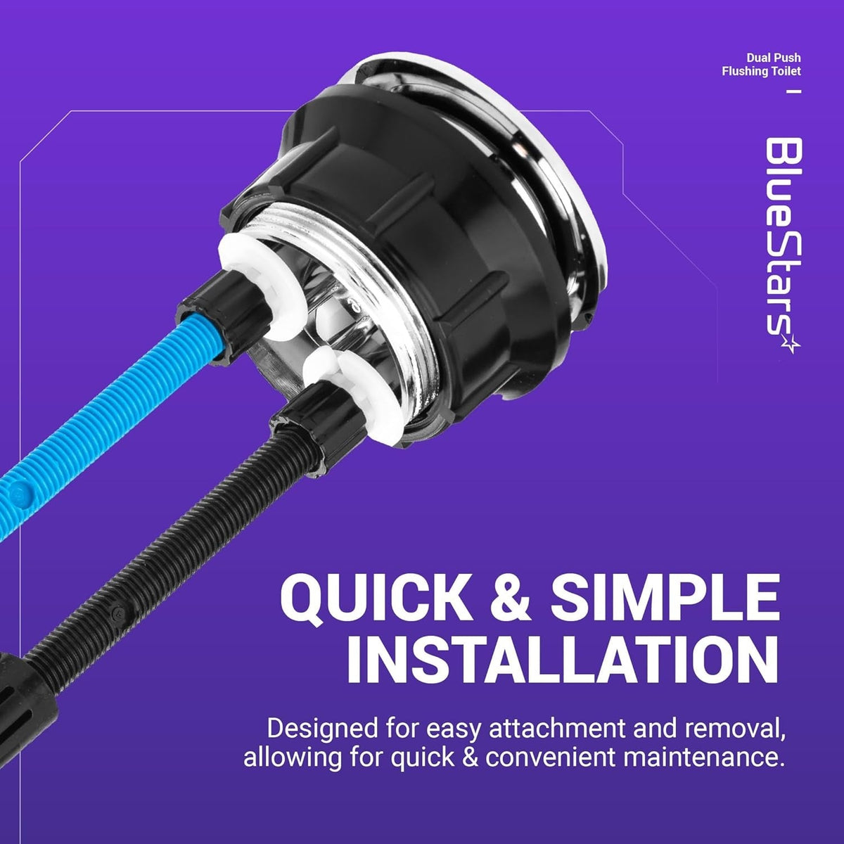 Close-up of a 38mm dual push toilet tank button with blue and black installation rods on a purple background.