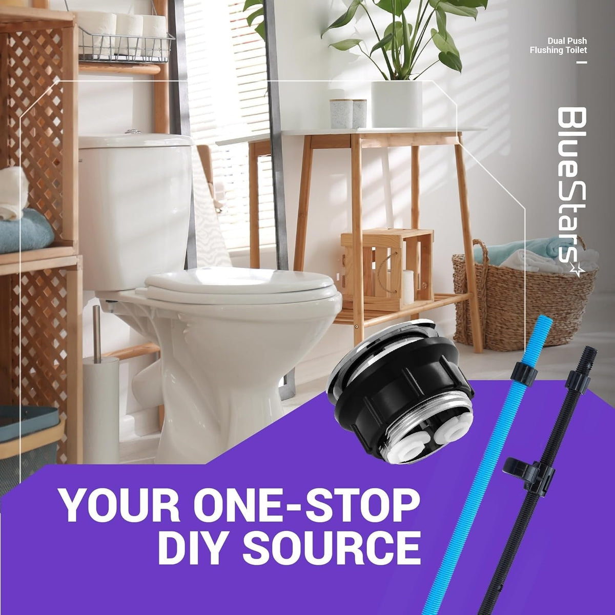 38mm dual push toilet tank flush button with adjustable rods in a lifestyle bathroom setting.