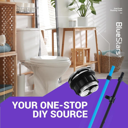 38mm dual push toilet tank flush button with adjustable rods in a lifestyle bathroom setting.