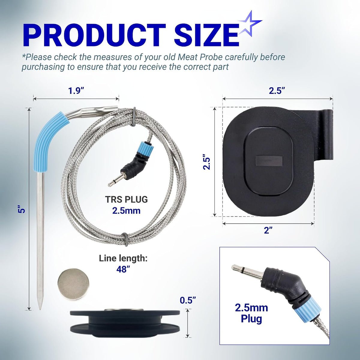 4-Pack Meat Temperature Probe for Weber iGrill, Weber Connect product size diagram with dimensions and 2.5mm plug