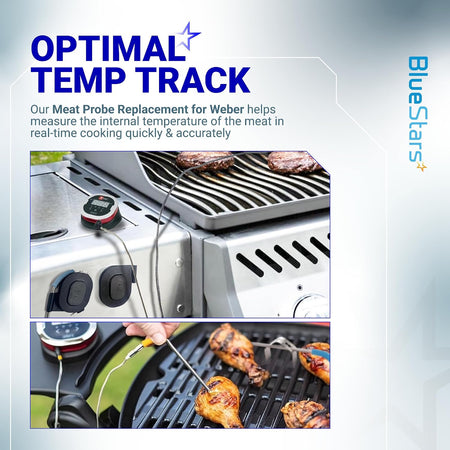 4-Pack Meat Temperature Probe for Weber iGrill, Weber Connect promotional graphic showing probes used on outdoor grills