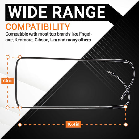 Refrigerator defrost heater 218169802 showing 7.6 inch by 16.4 inch dimensions and brand compatibility.