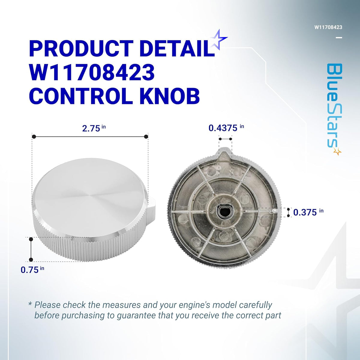 W11708423 washer dryer control knob showing front and back dimensions for compatibility verification.