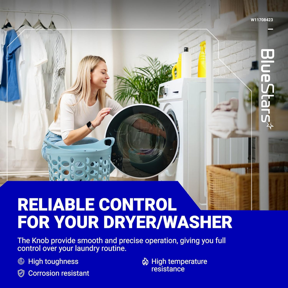 Lifestyle graphic for W11708423 washer dryer control knob featuring a woman using a laundry appliance.