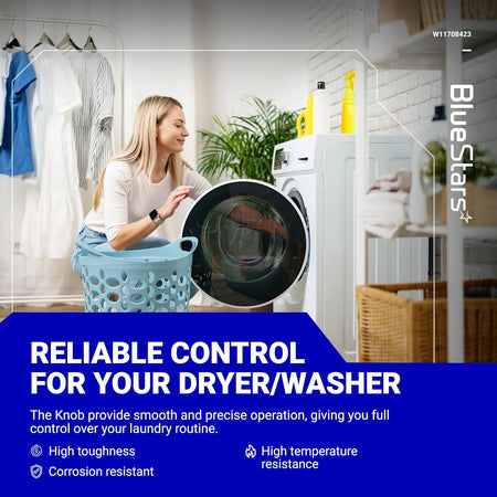 Lifestyle graphic for W11708423 washer dryer control knob featuring a woman using a laundry appliance.