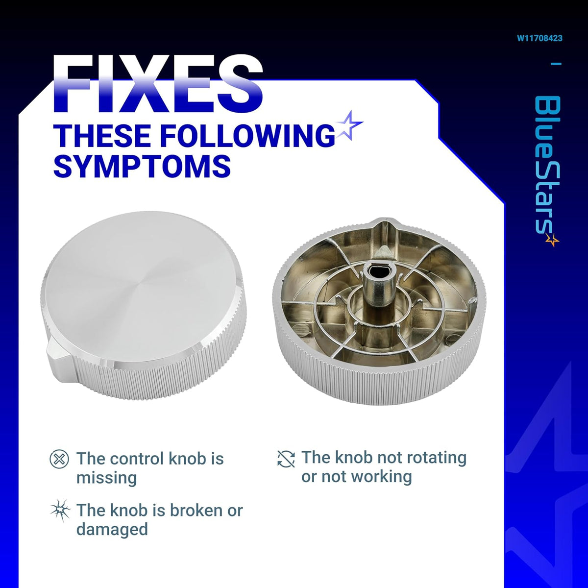W11708423 washer dryer control knob showing front and back views with common repair symptoms.
