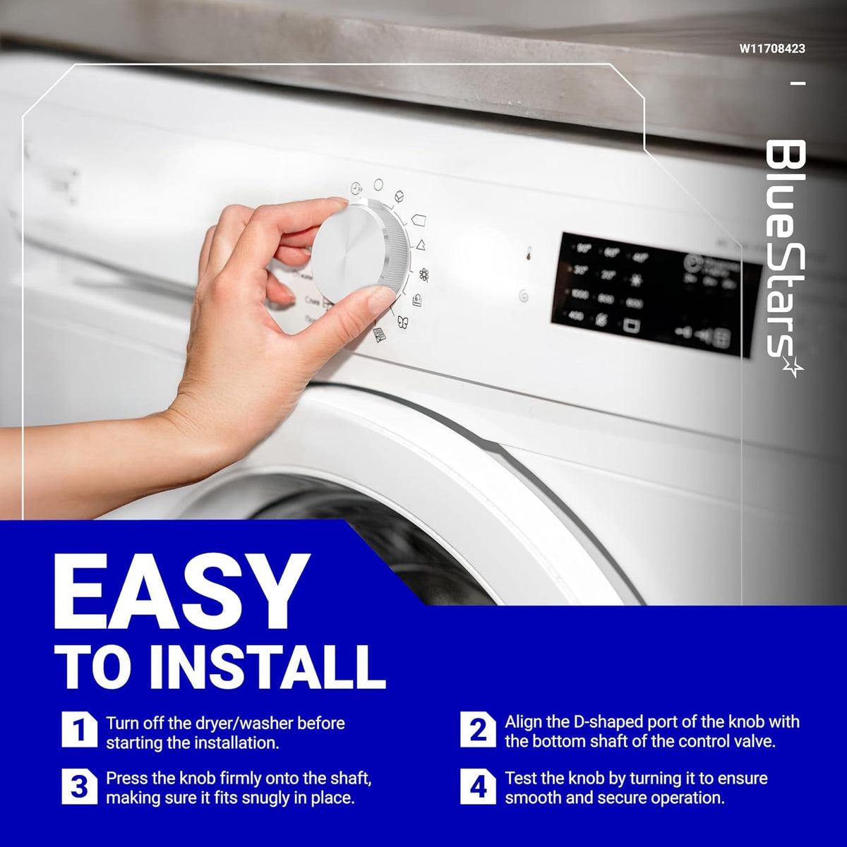 Hand installing W11708423 washer dryer control knob on a white appliance with easy installation instructions.
