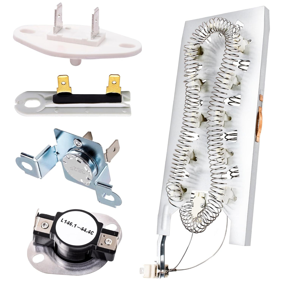 Dryer repair kit including heating element, thermal fuse, and thermostats for Whirlpool and Kenmore dryers.