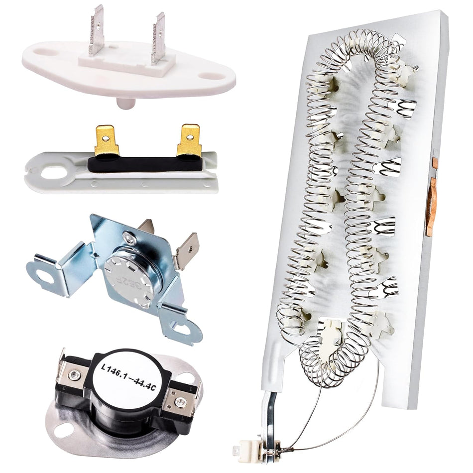 Dryer repair kit including heating element, thermal fuse, and thermostats for Whirlpool and Kenmore dryers.