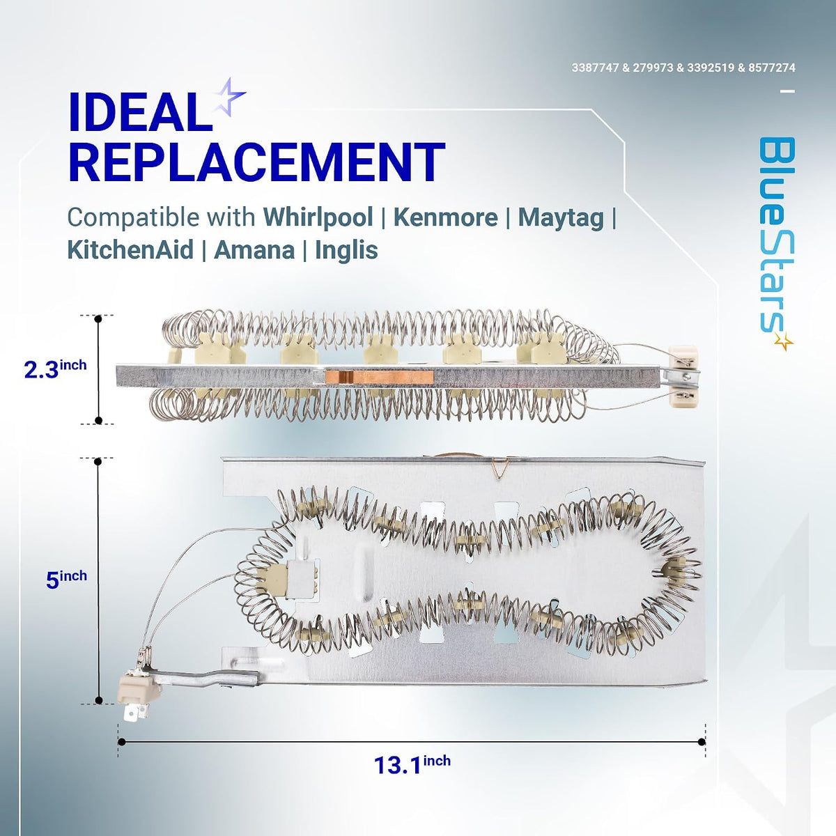 3387747 Dryer Heating Element, dimension diagram showing 2.3-inch and 5-inch elements with a 13.1-inch length