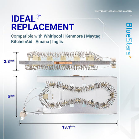 3387747 Dryer Heating Element, dimension diagram showing 2.3-inch and 5-inch elements with a 13.1-inch length