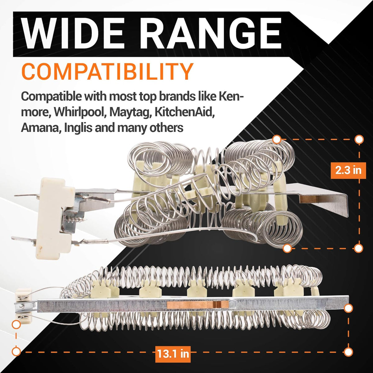 3387747 dryer heating element with dimensions showing 13.1-inch length and 2.3-inch height for Whirlpool and Kenmore dryers.