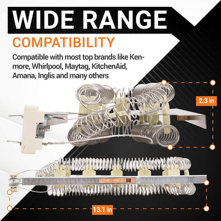 3387747 dryer heating element with dimensions showing 13.1-inch length and 2.3-inch height for Whirlpool and Kenmore dryers.