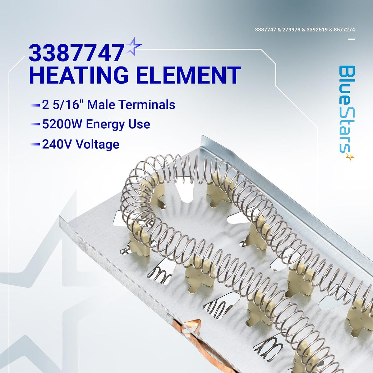 3387747 Heating Element, close-up product graphic showing coil assembly and listed 2 5/16-inch male terminals, 5200W, 240V