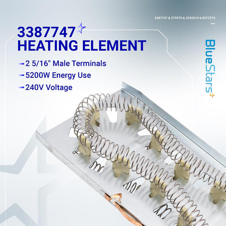 3387747 Heating Element, close-up product graphic showing coil assembly and listed 2 5/16-inch male terminals, 5200W, 240V