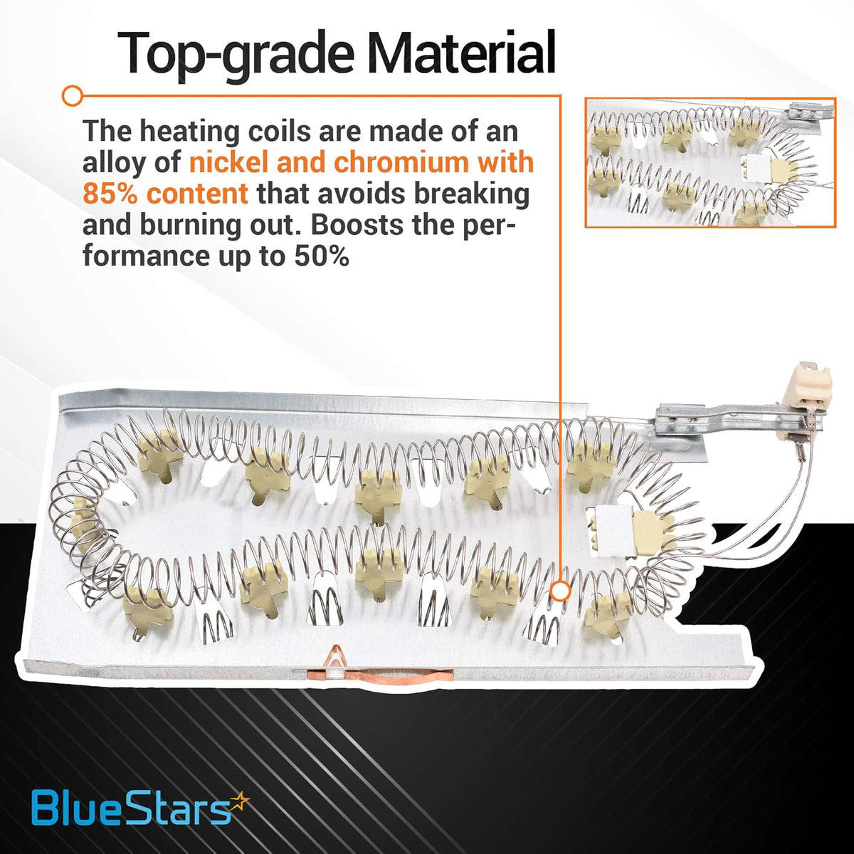 3387747 dryer heating element with nickel-chromium alloy coils and ceramic insulators for improved durability.