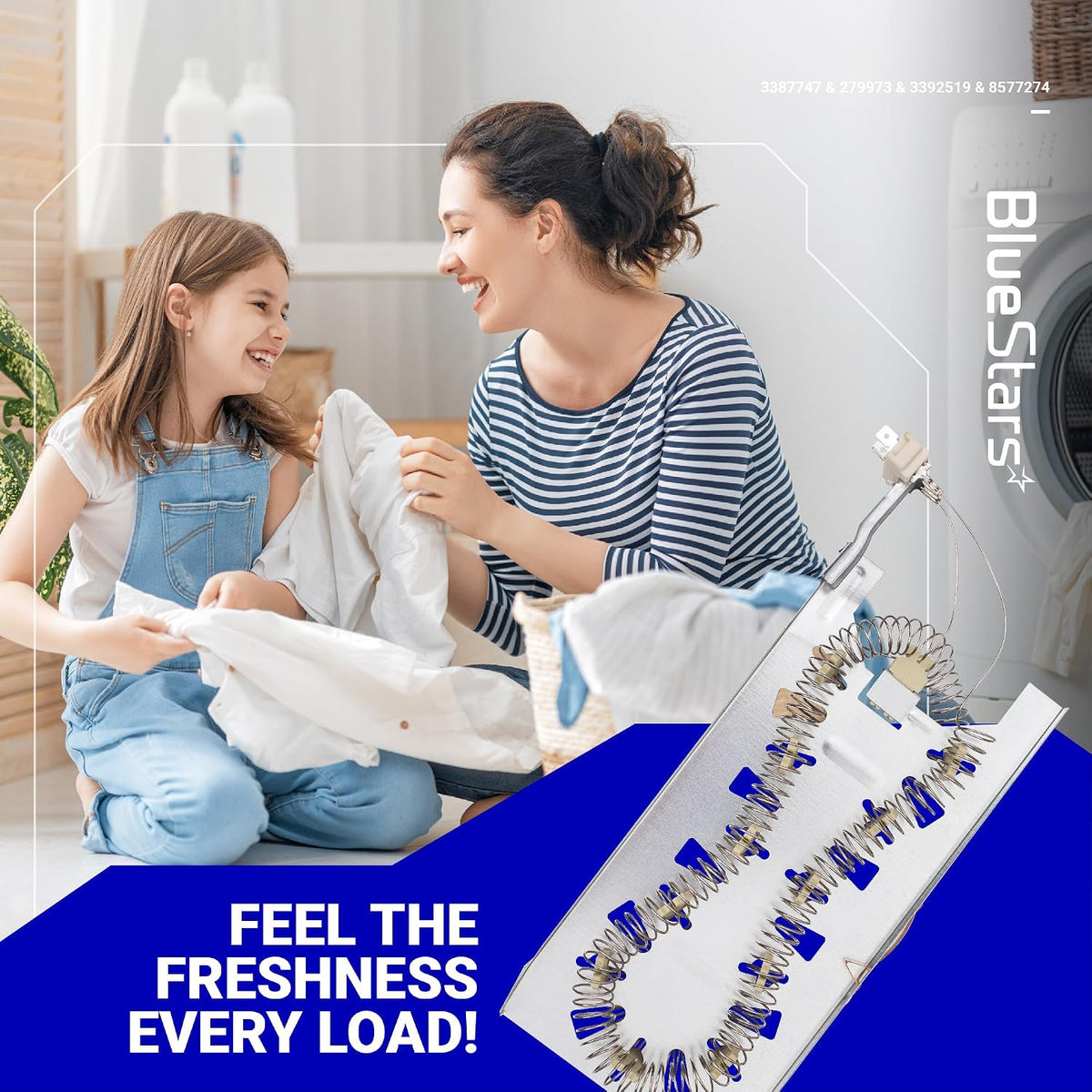 3387747 Dryer Heating Element shown in a promotional graphic with a family folding laundry and the coiled element assembly