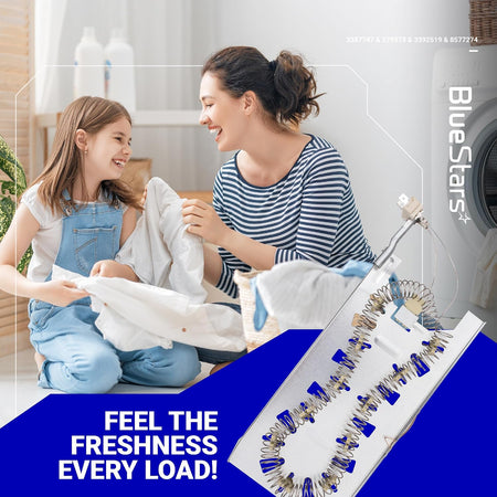 3387747 Dryer Heating Element shown in a promotional graphic with a family folding laundry and the coiled element assembly