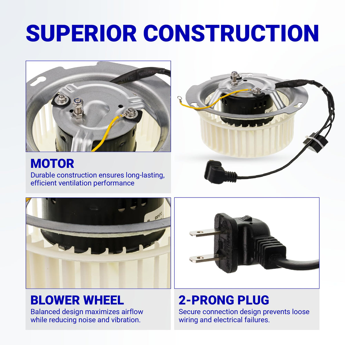 8832NA blower motor construction details showing motor housing, blower wheel, and 2-prong electrical plug.