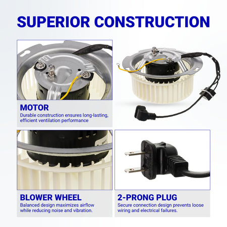 8832NA blower motor construction details showing motor housing, blower wheel, and 2-prong electrical plug.