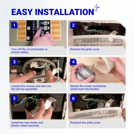 Six-step installation guide for 8832NA Blower Motor showing circuit breaker, grille removal, and motor assembly.