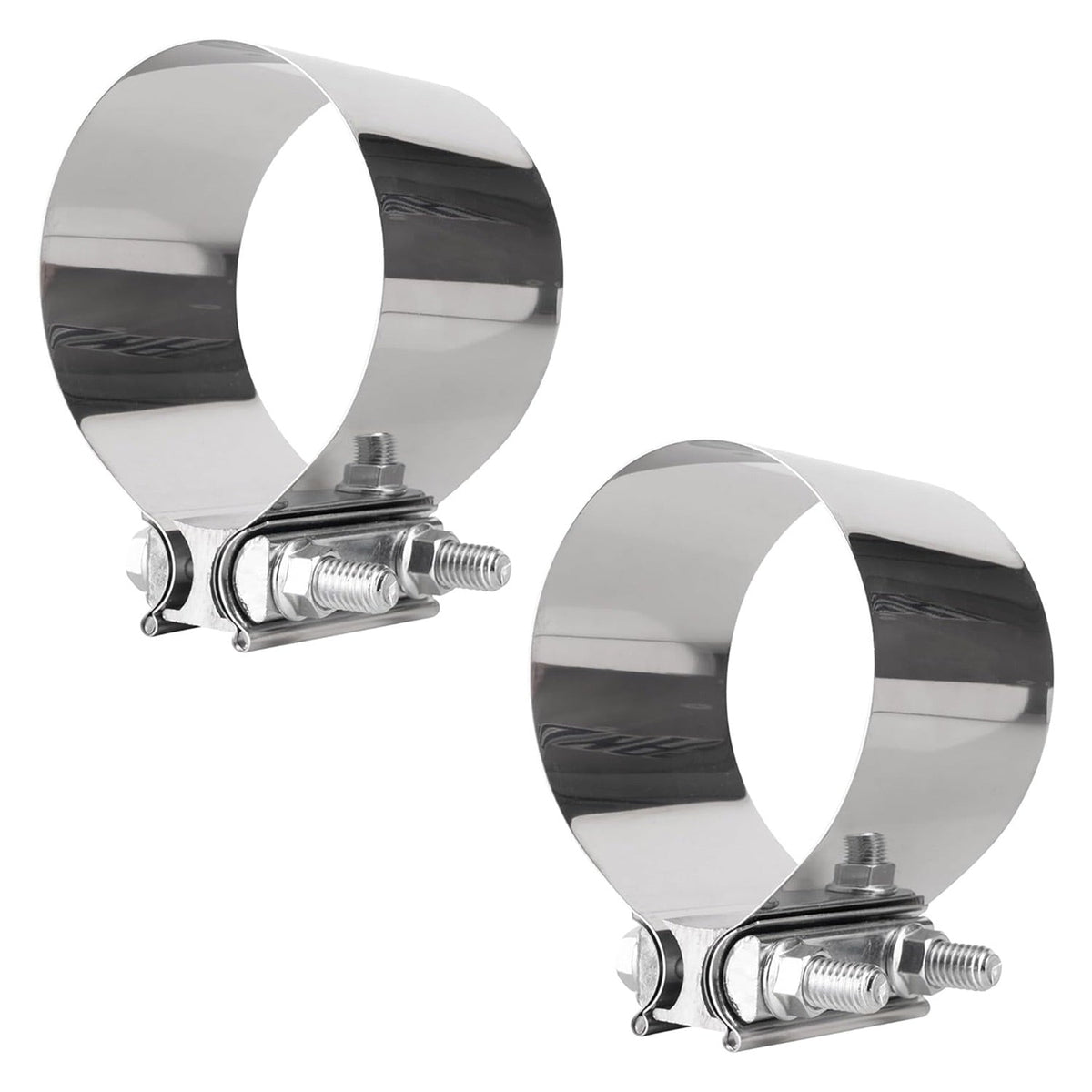 Two 4-inch butt joint band clamps made of polished 304 stainless steel with bolt-tightening hardware.