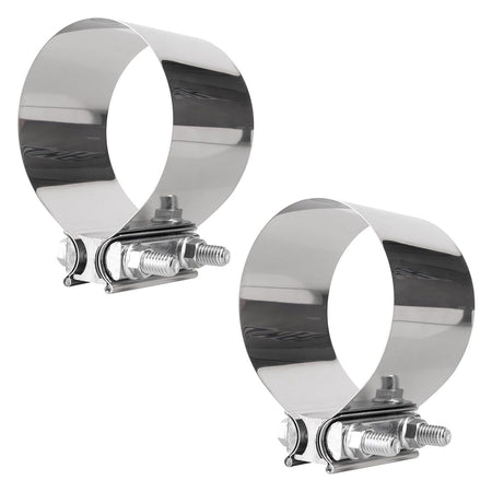 Two 4-inch butt joint band clamps made of polished 304 stainless steel with bolt-tightening hardware.