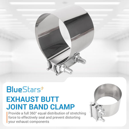 4-inch stainless steel exhaust butt joint band clamp with bolt-on hardware for secure pipe sealing.