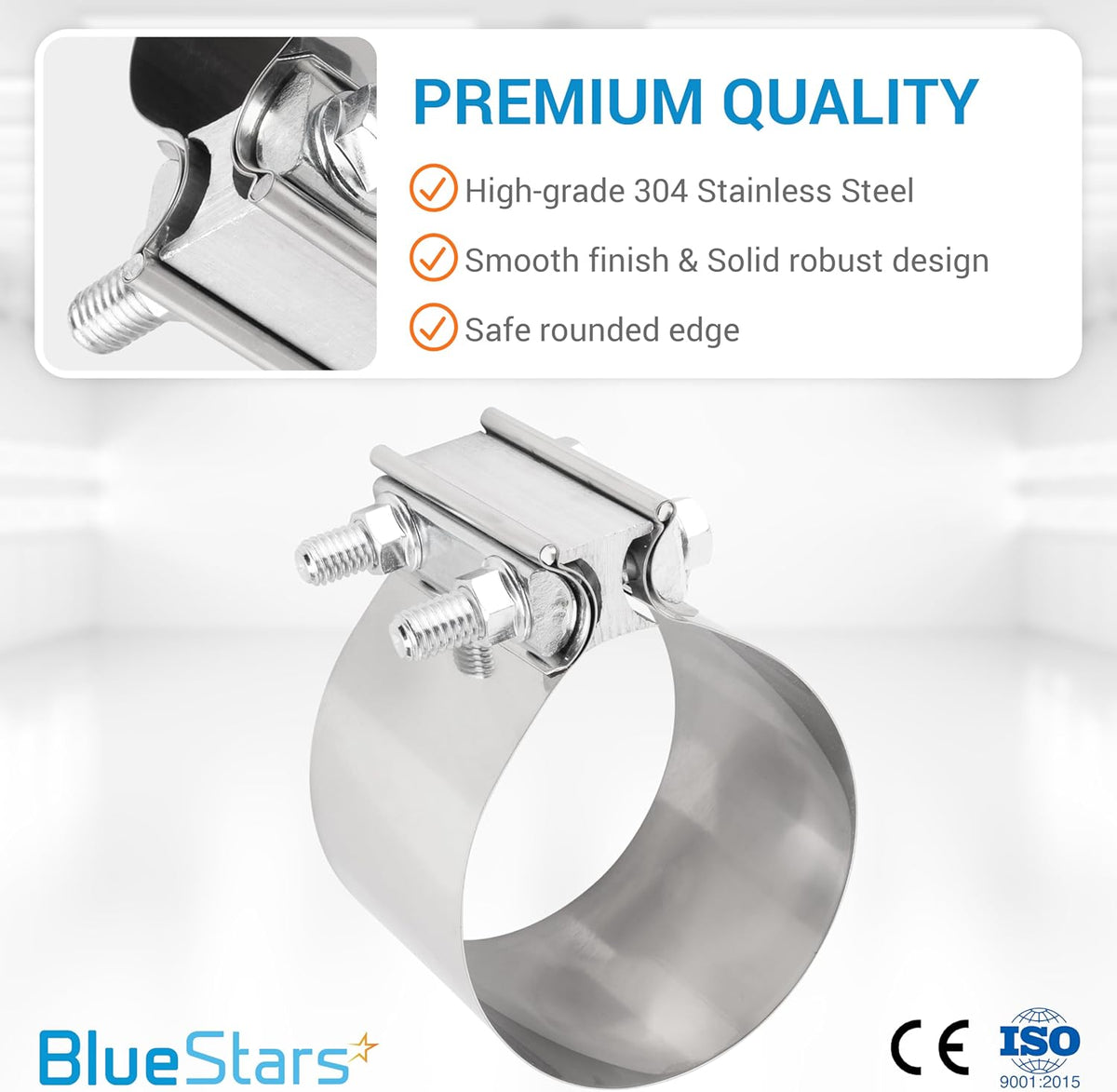 4-inch stainless steel butt joint band clamp with bolt-on hardware and premium finish.