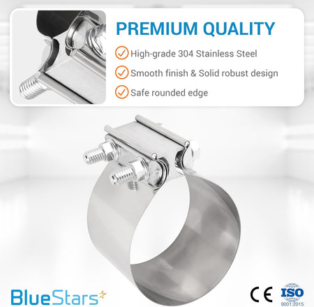 4-inch stainless steel butt joint band clamp with bolt-on hardware and premium finish.