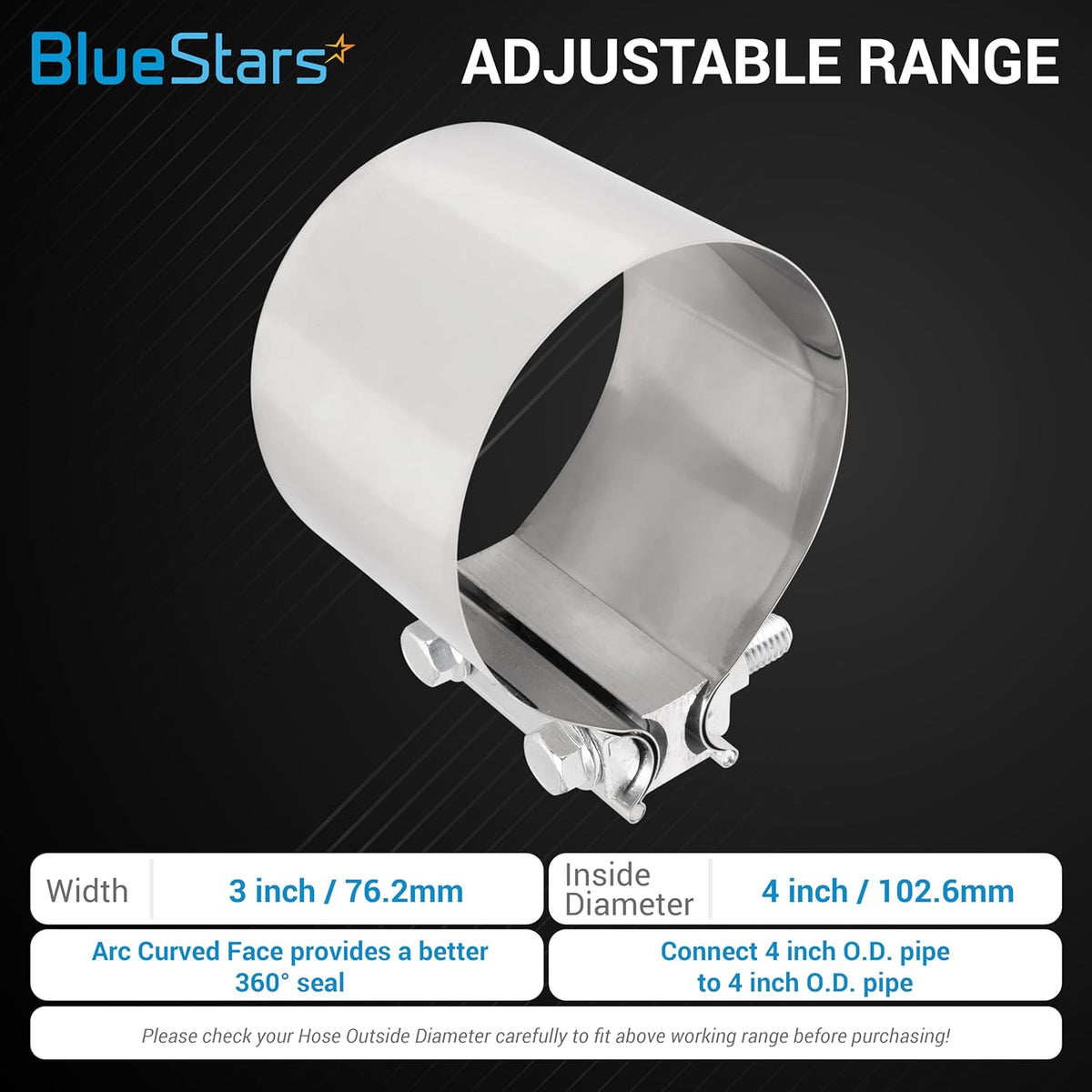 4-inch stainless steel butt joint band clamp for exhaust pipe connection.
