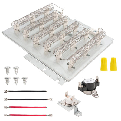 Dryer heating element kit with thermal fuses, wires, and screws for Speed Queen dryers.