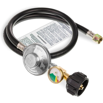 3-foot propane hose with low-pressure regulator, integrated gas gauge, and warning instruction tag.