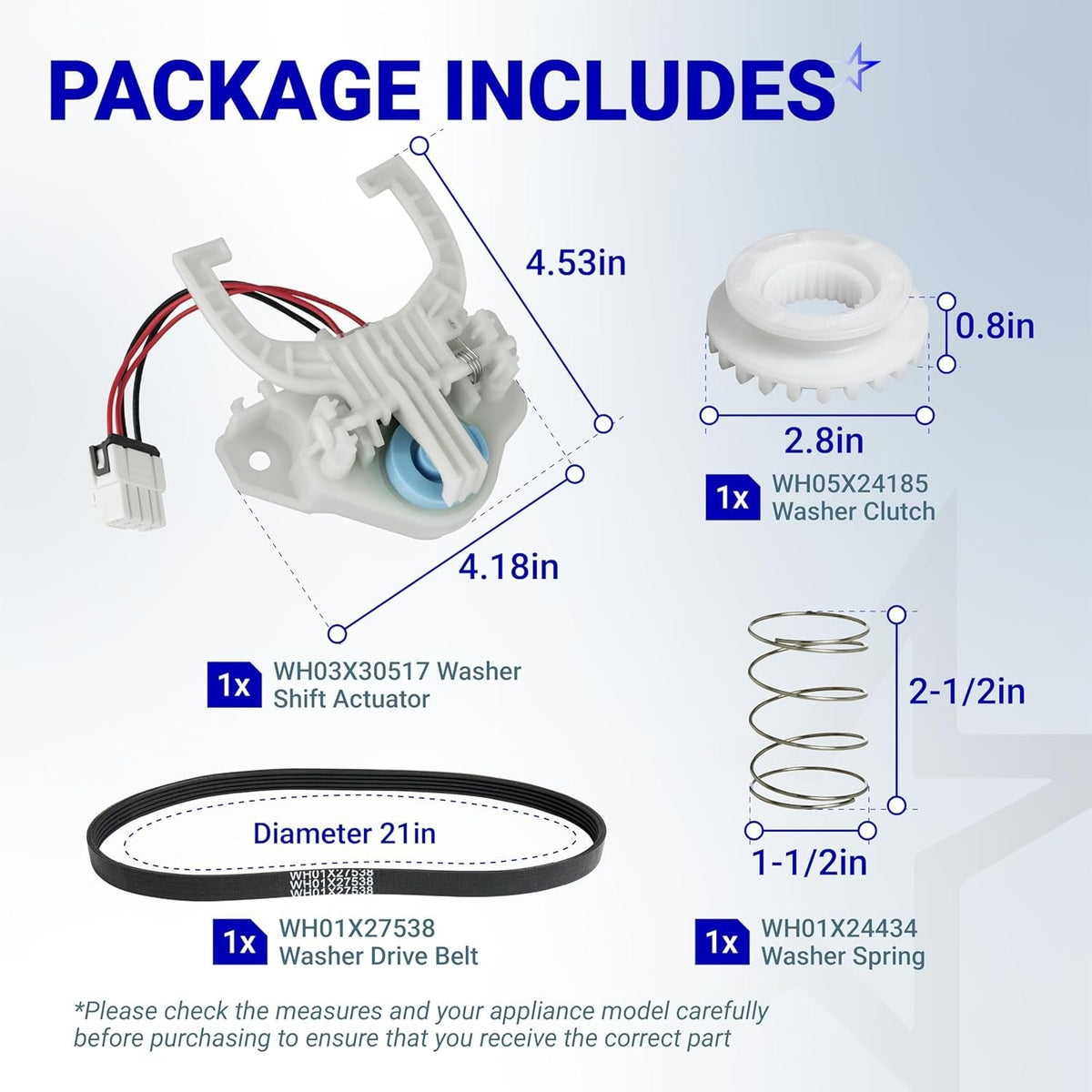 GE Hotpoint washer repair kit including shift actuator, drive belt, clutch, and spring with dimensions.