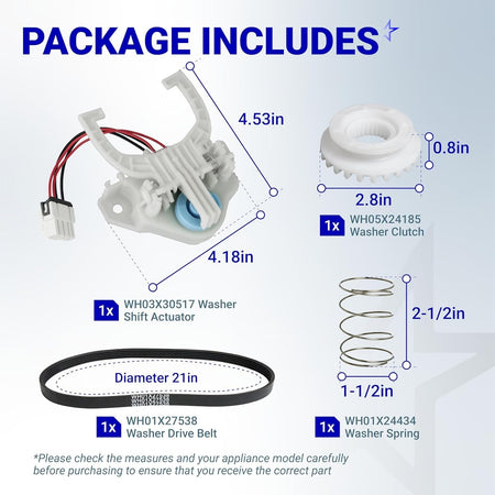 GE Hotpoint washer repair kit including shift actuator, drive belt, clutch, and spring with dimensions.