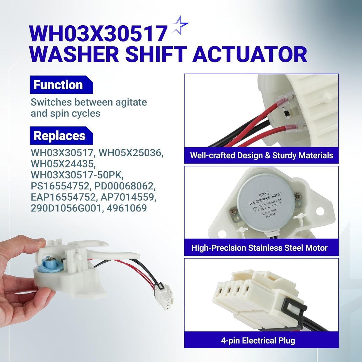 WH03X30517 washer shift actuator for GE Hotpoint clothes washers with motor and 4-pin electrical plug details.