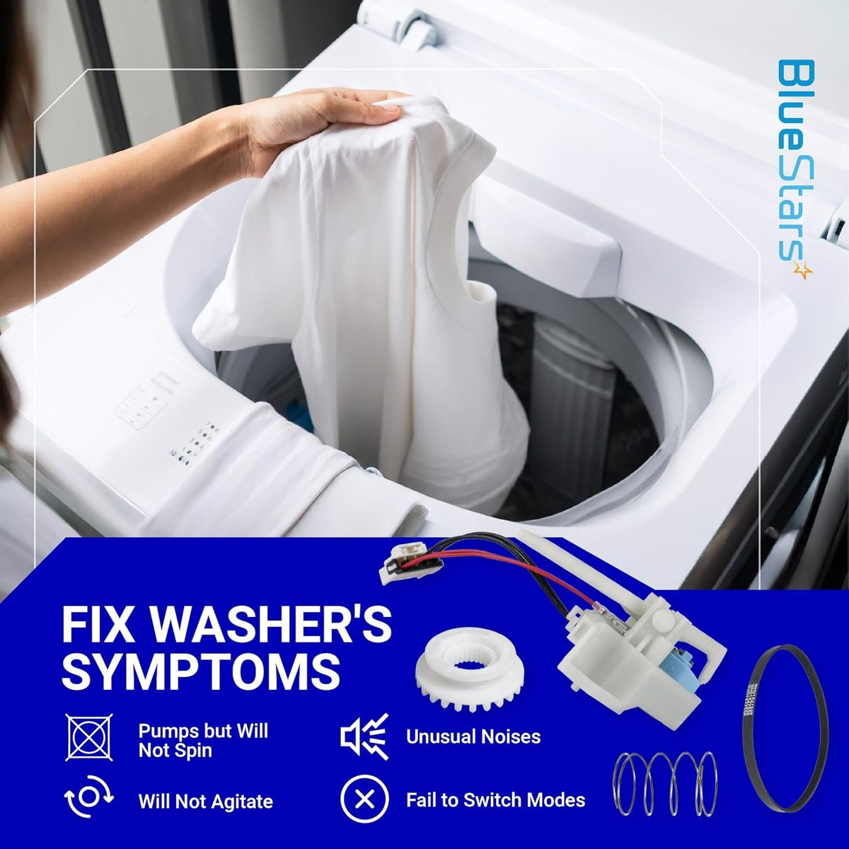GE Hotpoint washer repair kit featuring shift actuator, drive belt, clutch, and spring to fix spinning issues.