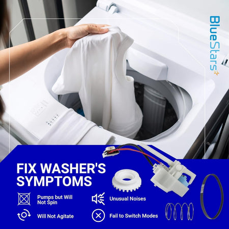 GE Hotpoint washer repair kit featuring shift actuator, drive belt, clutch, and spring to fix spinning issues.