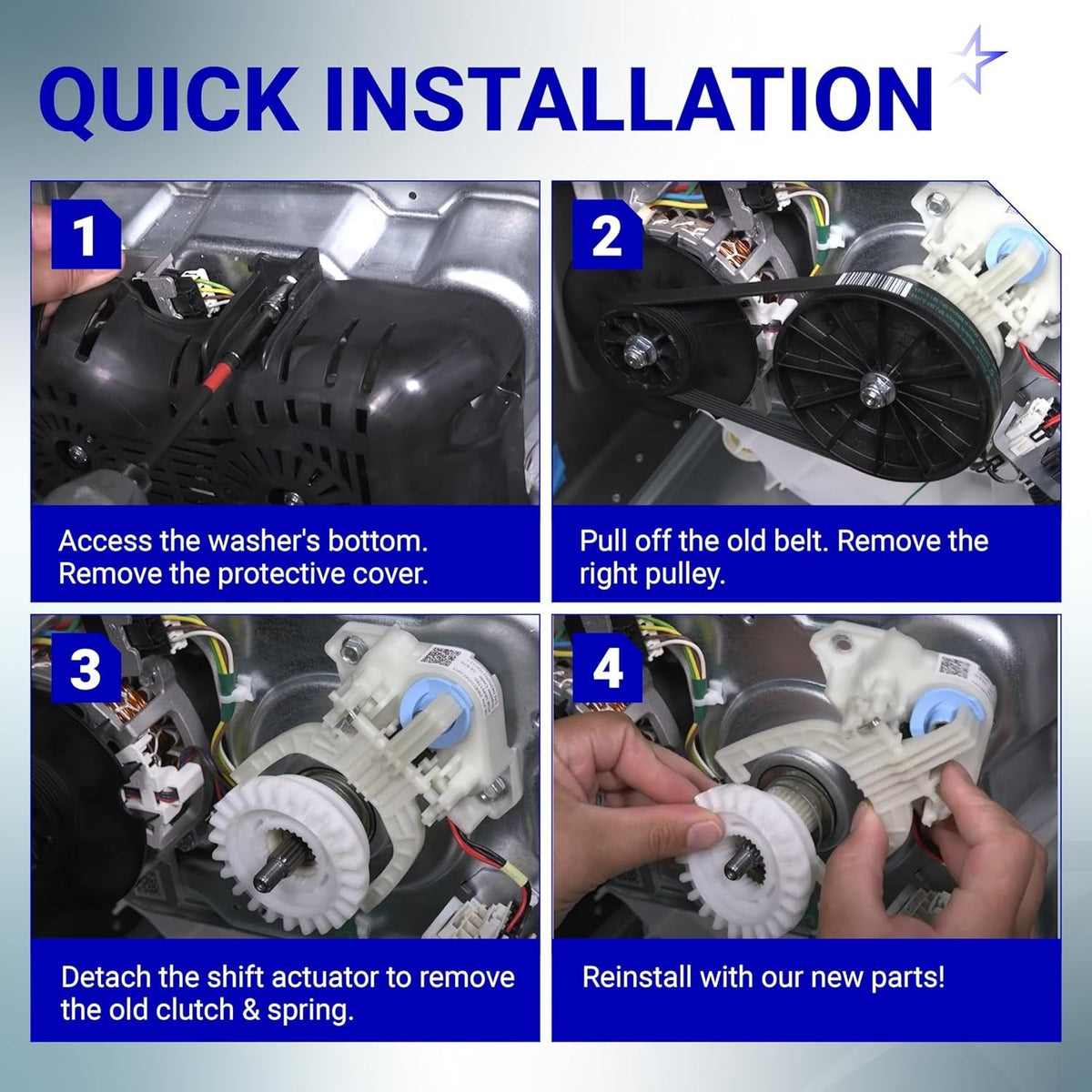 Four-step installation guide for GE Hotpoint washer shift actuator, drive belt, clutch, and spring replacement.
