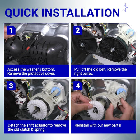 Four-step installation guide for GE Hotpoint washer shift actuator, drive belt, clutch, and spring replacement.