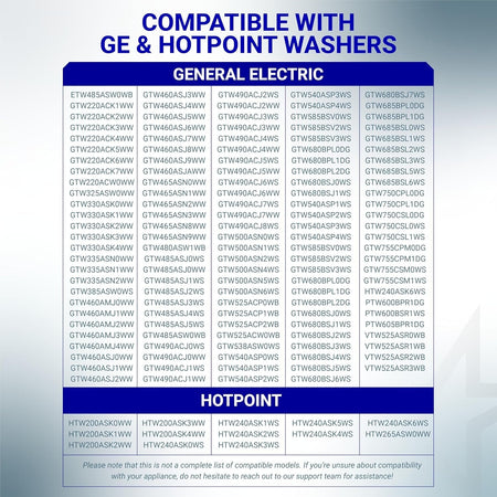 Compatibility chart for GE and Hotpoint washing machine replacement parts.