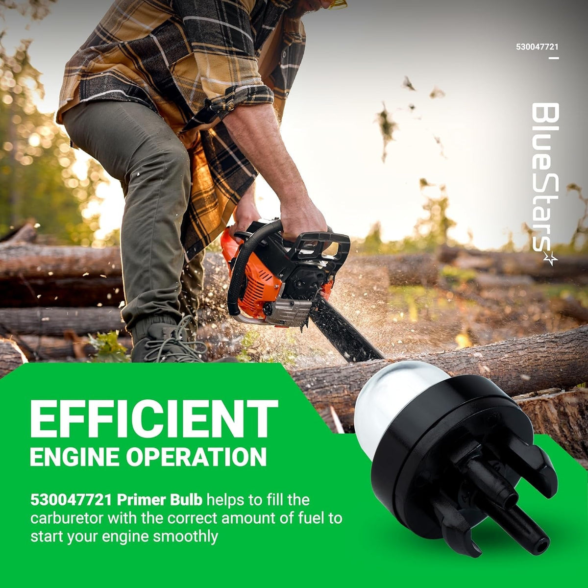 188-512-1 primer bulb for 2-cycle small engines shown with a chainsaw in a lifestyle graphic.