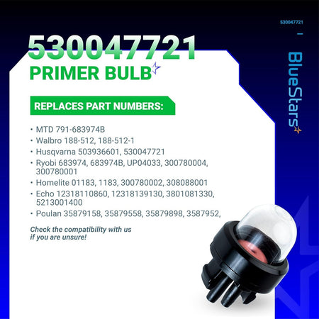 Informational graphic for 530047721 primer bulb showing compatibility and replacement part numbers for small engines.