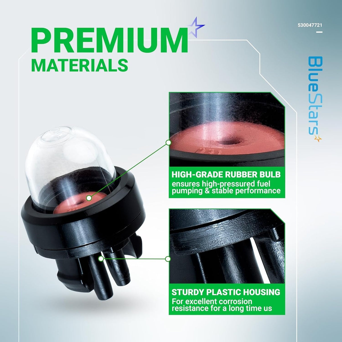 Infographic showing 188-512-1 primer bulb features with close-ups of the rubber bulb and durable plastic housing.