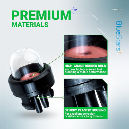 Infographic showing 188-512-1 primer bulb features with close-ups of the rubber bulb and durable plastic housing.