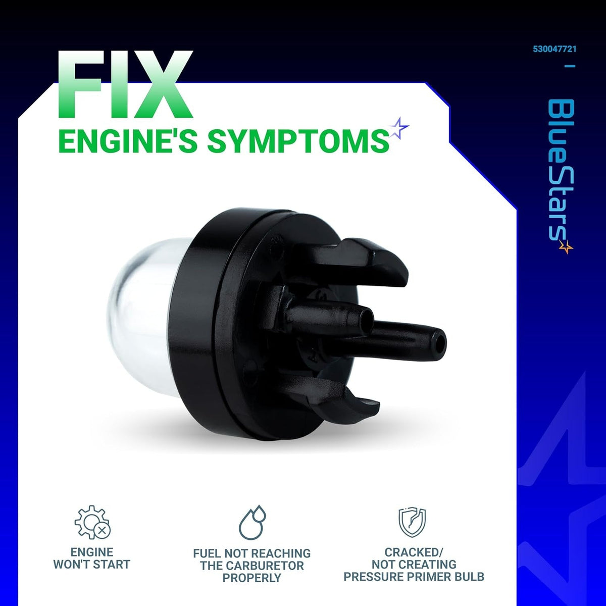 Close-up of 188-512-1 primer bulb for 2-cycle small engines, showing the clear bulb and black mounting base.