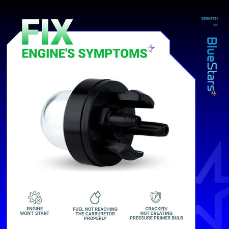 Close-up of 188-512-1 primer bulb for 2-cycle small engines, showing the clear bulb and black mounting base.
