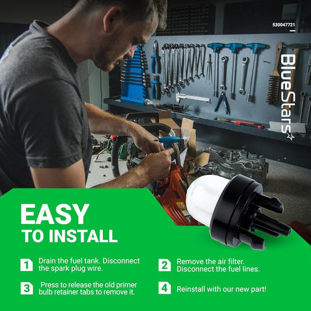 Instructional graphic showing how to install a 188-512-1 primer bulb on a small engine chainsaw.